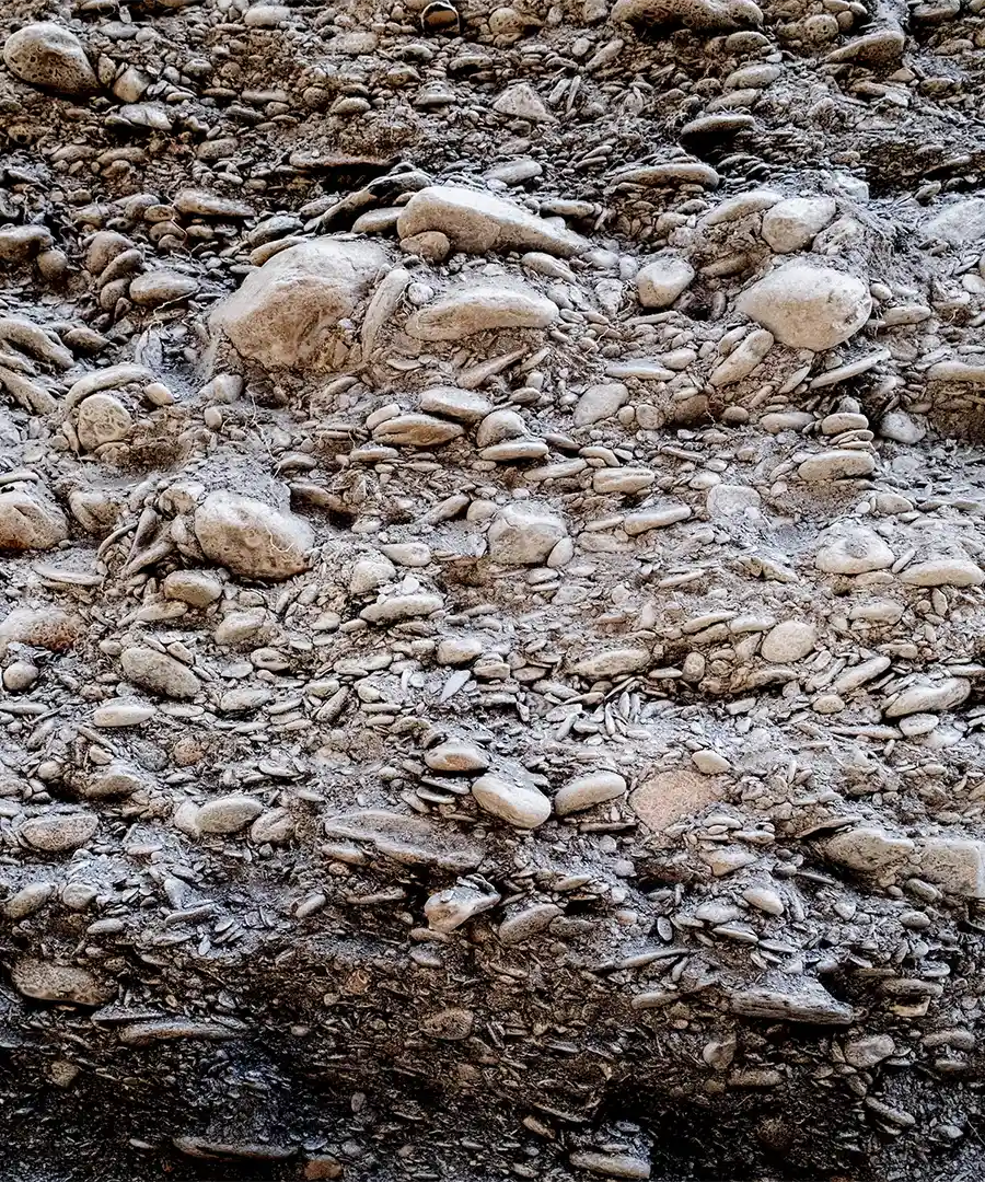 Close-up view of a rocky surface featuring various sizes of stones, pebbles, and sediment compacted together—reminiscent of the rugged terroir found in the Gilauri vineyard.