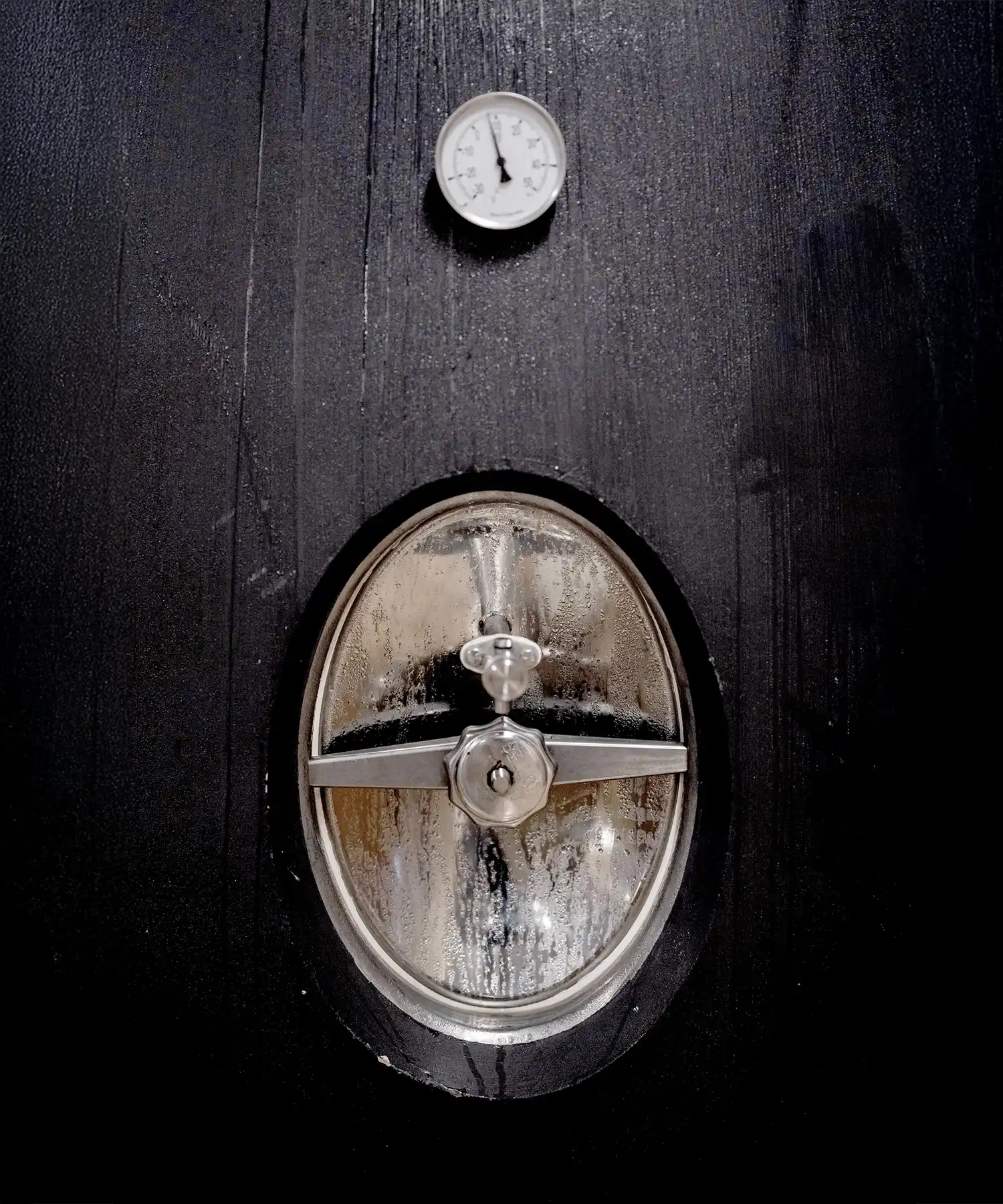 A metallic oval door with a locking wheel is set in a dark surface, with a round pressure gauge positioned above it—reminiscent of the kind found in Saperavi wine cellars.